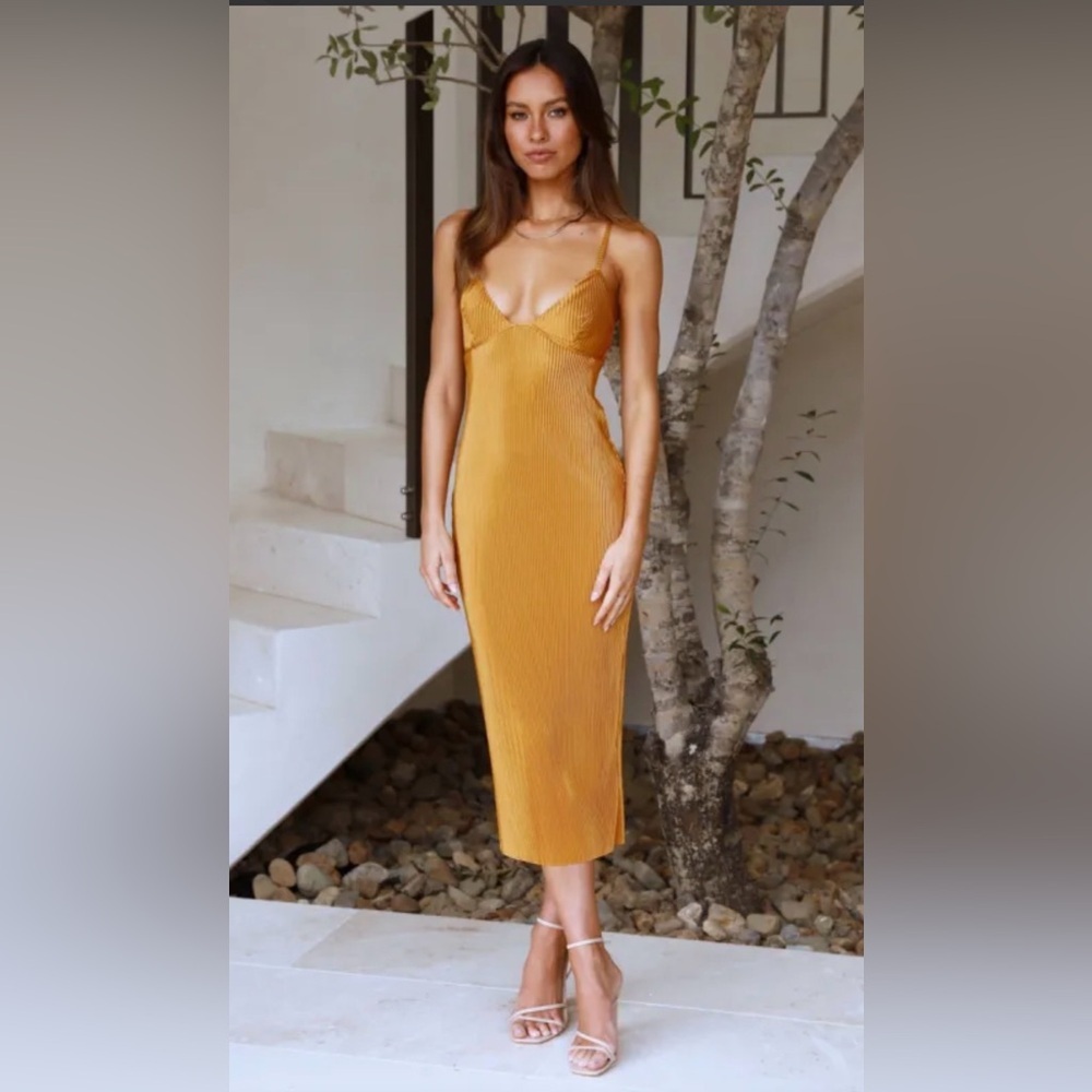Hello Molly Mustard Yellow Slip Midi Dress